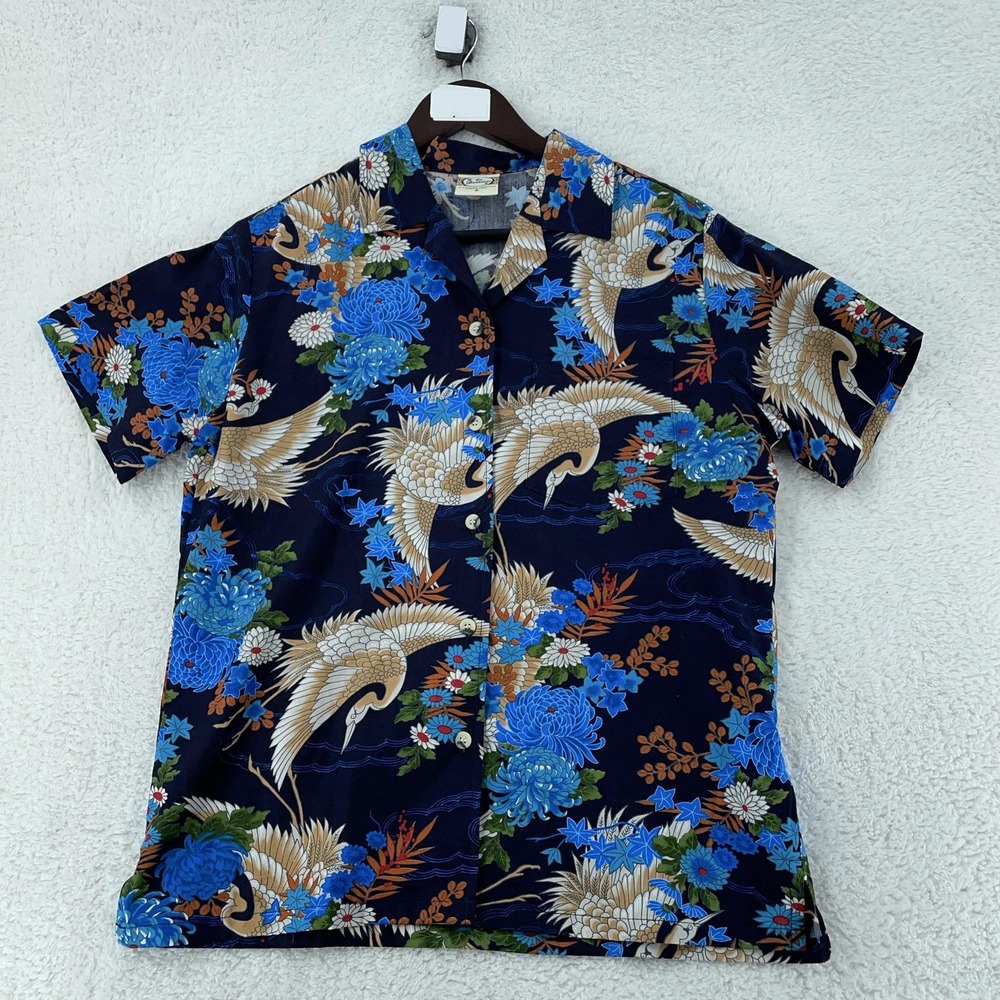 Go Barefoot Shirt Mens Small Blue Navy Hawaiian Aloha Crane Floral Made‎ USA